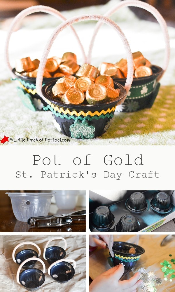Pot of Gold St. Patrick’s Day Kids Craft: Recycle an empty fruit cup into a cute pot of gold