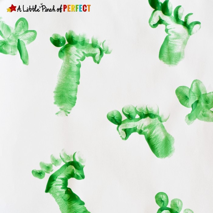 Kids can make wee little Leprechaun tracks as they craft this St. Patrick's Day using their hands as a footprint stamp. (March, Kindergarten, Preschool, Handprints)