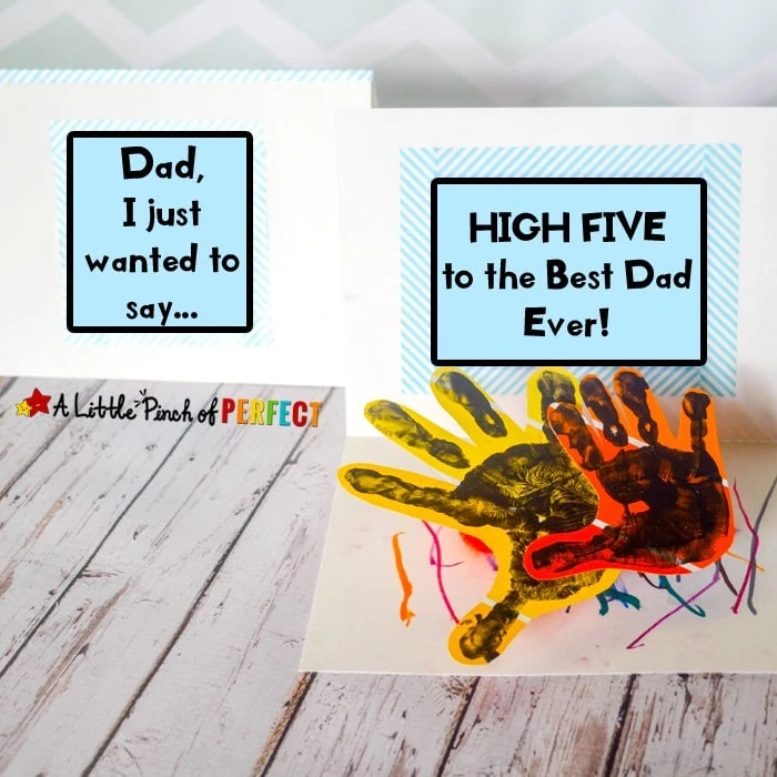 Give Me A High Five Handprint Father's Day Card: A fun and cute homemade card for kids to make for Dad and Grandpa. Hands pop-up to give dad a high five when he opens the card.