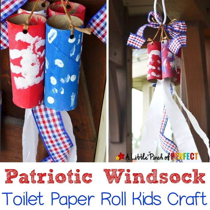 Patriotic Windsock Toilet Paper Roll Craft for Kids: Adorable red, white, and blue craft for the Fourth of July, Flag Day and Memorial Day (kids craft, handprints, cardboard tubes)