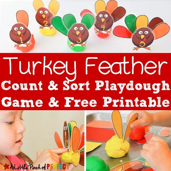 Turkey Feather Count & Sort Playdough Game & Free Printable