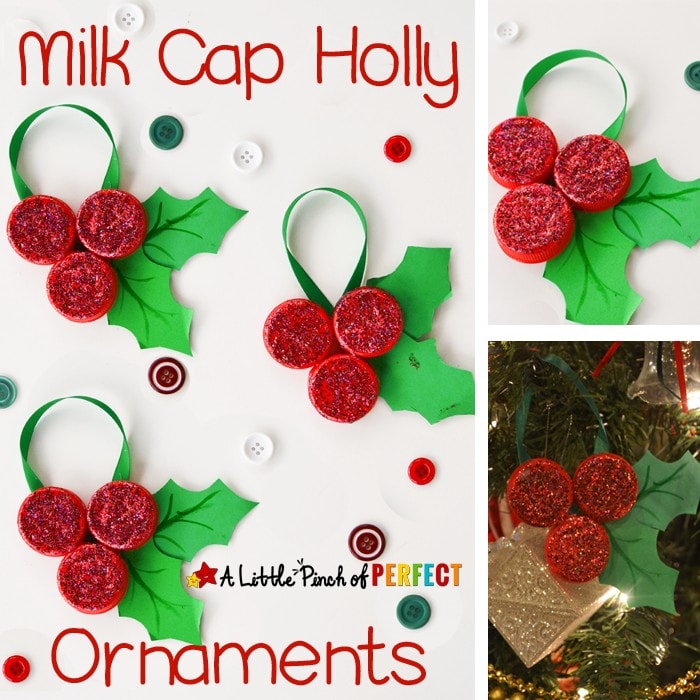Milk Cap Holly Ornaments: An easy and inexpensive Christmas kids craft to decorate the tree with