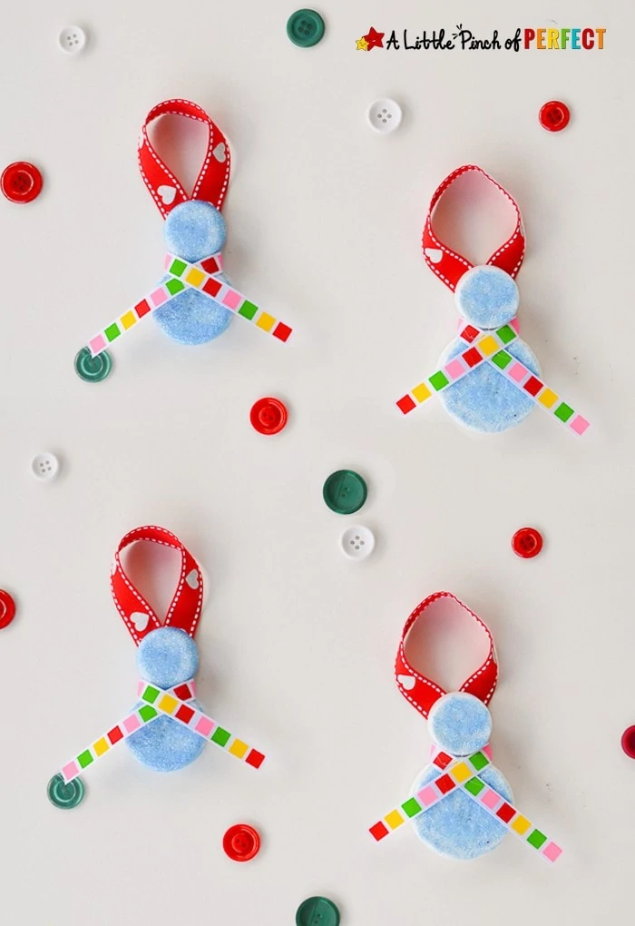Homemade Milk Cap Snowman Ornaments: Christmas Kids Craft that’s easy and inexpensive (Winter, December, Recycled)