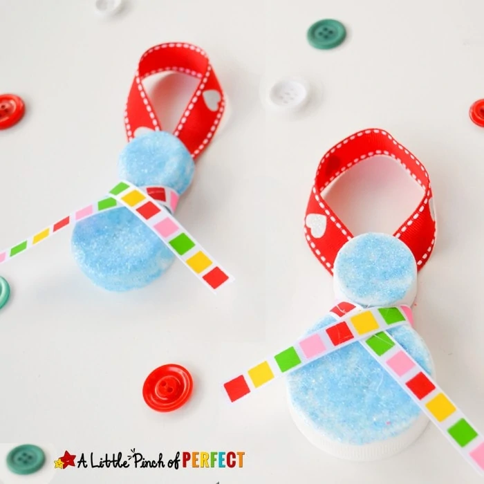 Homemade Milk Cap Snowman Ornaments: Christmas Kids Craft that’s easy and inexpensive (Winter, December, Recycled)