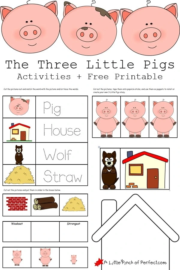 The Three Little Pigs Activities and Free Printables that are perfect for hands on learning. Kids can also practice sequencing, pre-writing, make stick puppets to retell the story, and color and design their own house to keep the big bad wolf out.