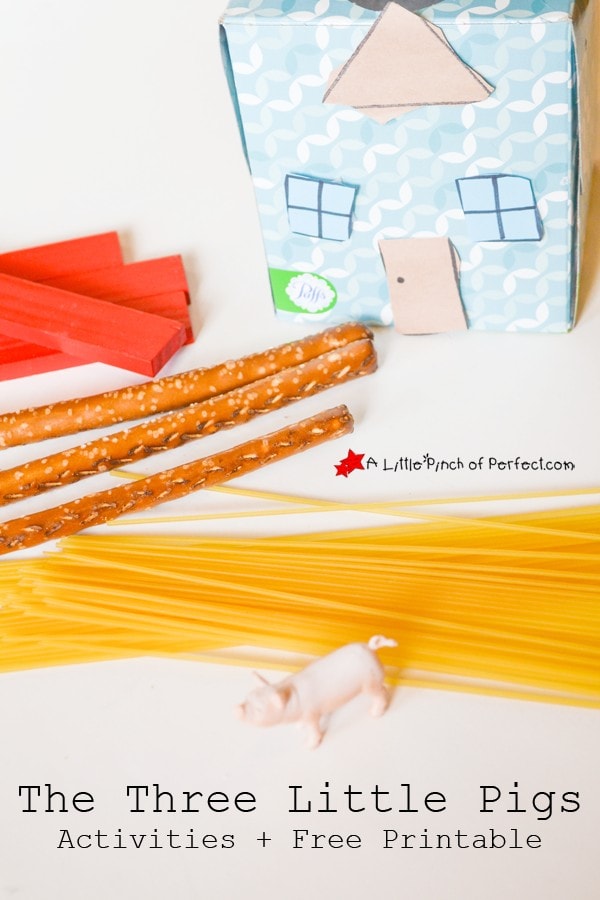 The Three Little Pigs Activities that are prefect for hands on learning and also includes Free Printables so kids can also practice sequencing, pre-writing, make stick puppets to retell the story, and color and design their own house to keep the big bad wolf out.