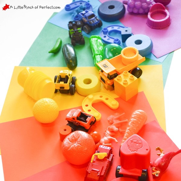 Fun and Easy Color Sorting Activity for Toddlers: Send kids on a color hunt to find colorful toys and objects from around the house and sort them by color.
