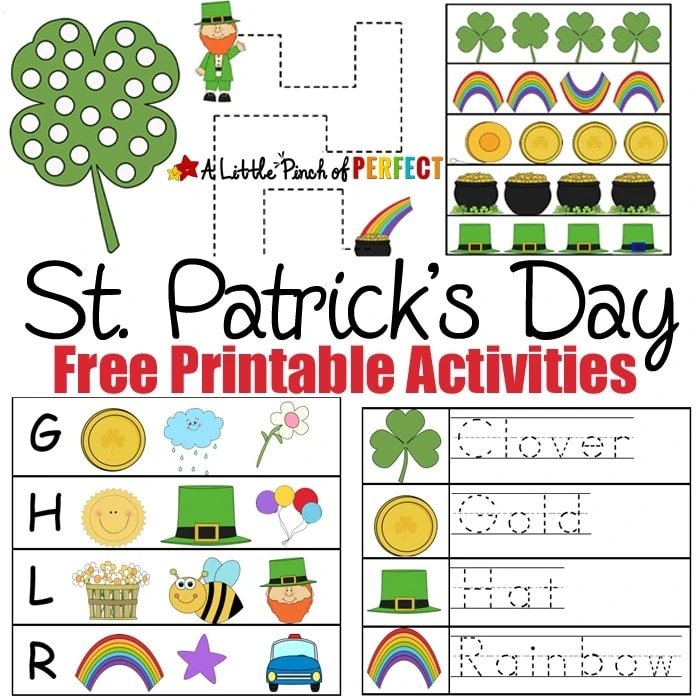 St. Patrick’s Day Free Printable Activities: Print and learn activities for kids including numbers, pre-writing, do-a-dot pages, and coloring with leprechauns, pots of gold, and rainbows.