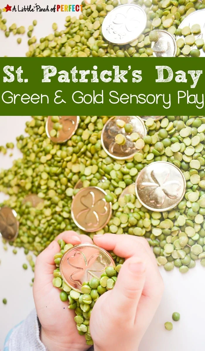 St. Patrick's Day Green & Gold Sensory Play:An easy and mess free St. Patrick's Day Sensory activity for kids (March, Preschool, Play) 
