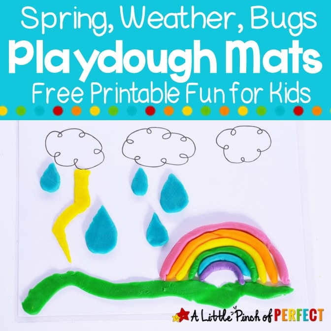 Kids will have so much fun decorating these spring themed playdough mats including bugs, flowers, and more. The printables are created to spark imagination and creativity. (#Preschool #playdough #kidsactivity #kidsfun)