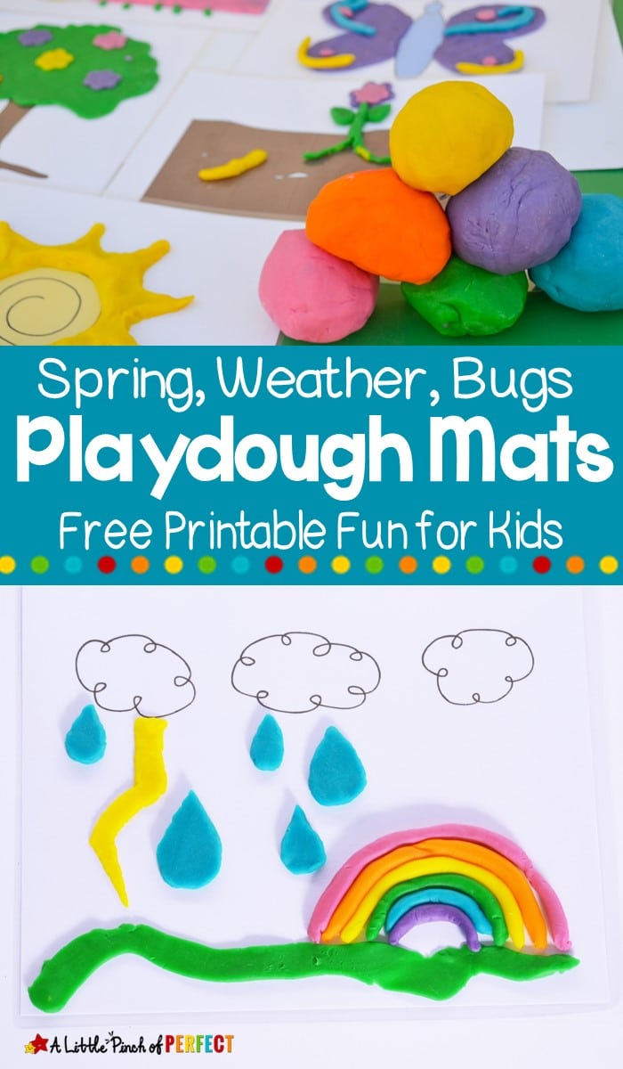 Kids will have so much fun decorating these spring themed playdough mats including bugs, flowers, and more. The printables are created to spark imagination and creativity.  (#Preschool #playdough #kidsactivity #kidsfun)