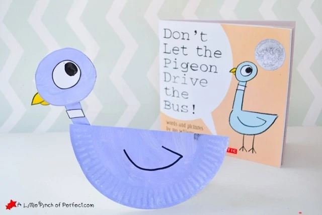 Don't let the pigeon drive the bus paper plate craft of a purple pigeon with a big ole eyeball.