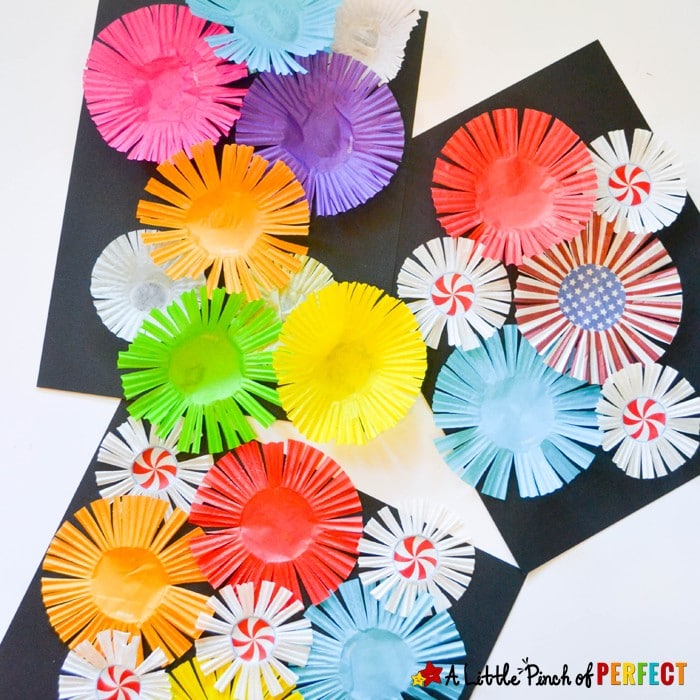 Cupcake Liner Fireworks Craft for Kids: Make colorful fireworks that seem to burst off the page using cupcake liners for an easy Patriotic Craft for the Fourth of July or New Year's Day (easy kids craft, summer, scissor skills)