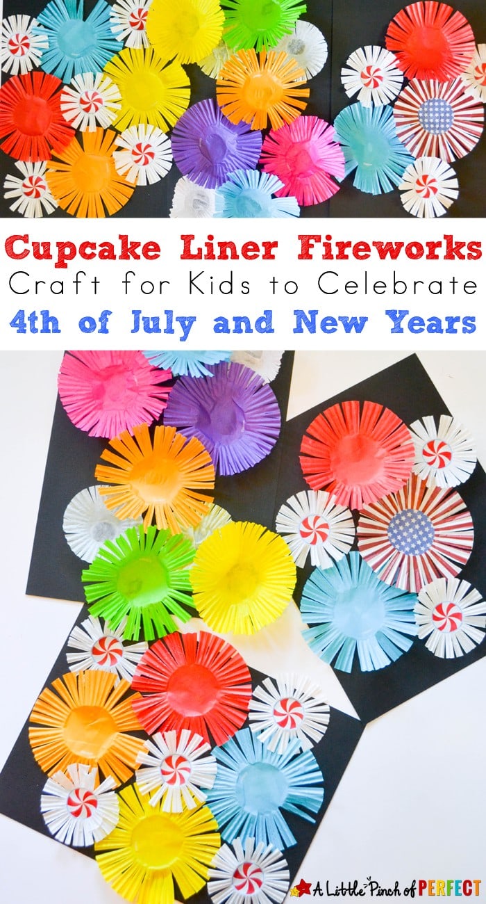 Cupcake Liner Fireworks Craft for Kids: Make colorful fireworks that seem to burst off the page using cupcake liners for an easy Patriotic Craft for the Fourth of July or New Year's Day (easy kids craft, summer, scissor skills)