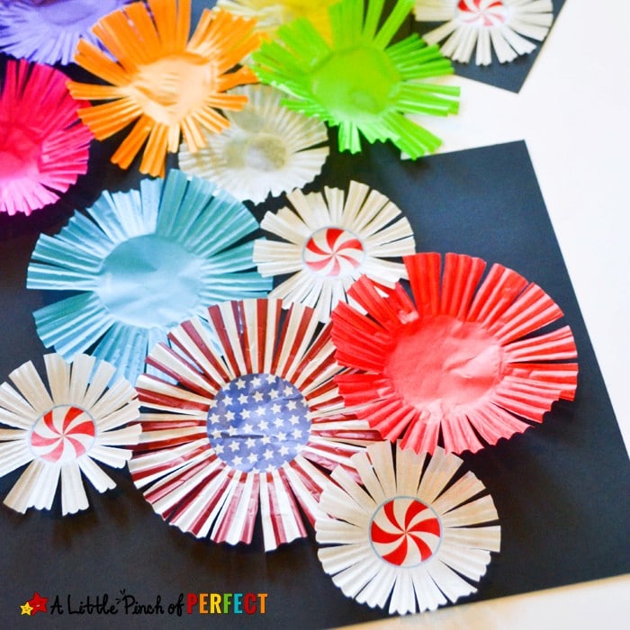Cupcake Liner Fireworks Craft for Kids: Make colorful fireworks that seem to burst off the page using cupcake liners for an easy Patriotic Craft for the Fourth of July or New Year