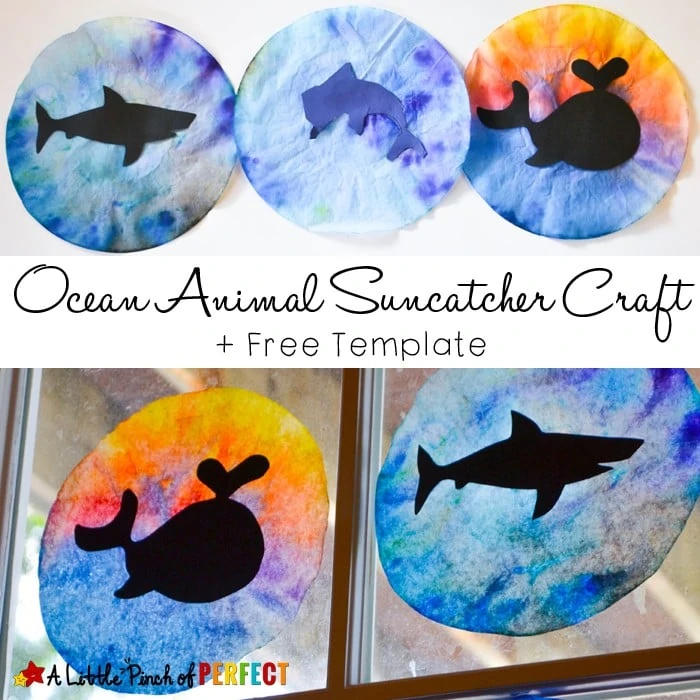 Ocean Animal Coffee Filter Suncatcher Kids Craft and Free Template (summer, ocean, whale, shark, dolphin, kids craft)