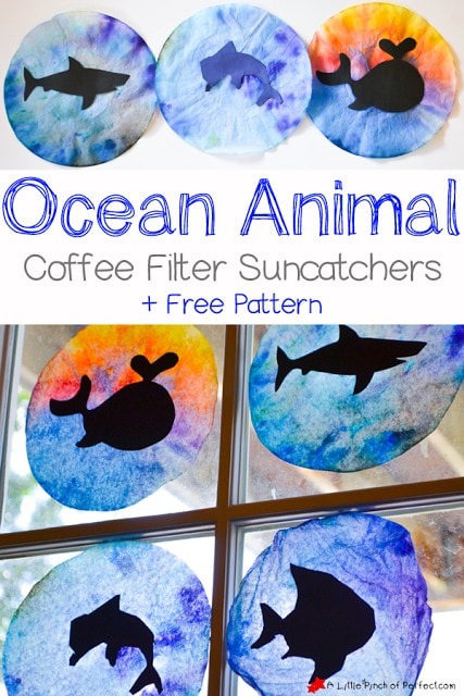 Ocean Animal Coffee Filter Suncatcher Craft for Kids + free template: We used coffee filters and cut out animal silhouettes like a dolphin, shark, whale, and fish to make colorful suncatchers perfect for summer or ocean activities with the kids. 