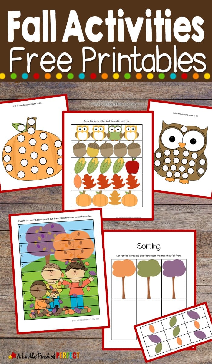 Fall Printable Activity Pack for Kids includes math and language activities to learn counting, sorting, beginning sounds, and more. #preschool #homeschool #kidsactivities 