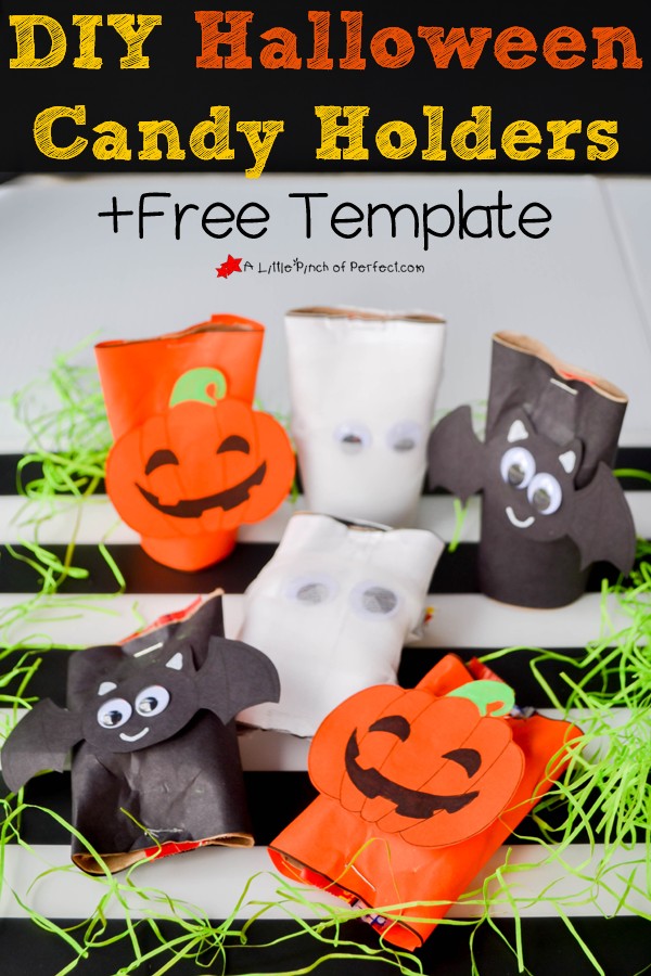 Cardboard Tube Craft: Halloween Candy Holders and Free Printable Template (pumpkin, bat, mummy)