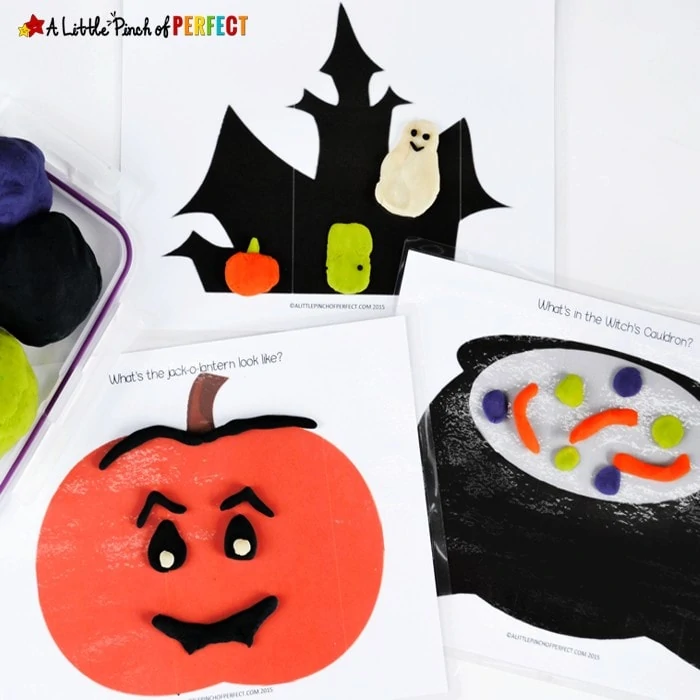 Halloween Playdough Mats Free Printable: Kids can make a grinning pumpkin, a magical spell inside a witch's cauldron, ghosts and ghouls inside a spooky house, and a wiggly spider on a spider web.