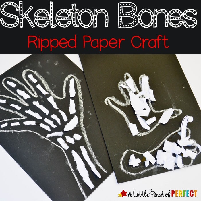 Skeleton Bones Ripped Paper Craft for Kids: No scissors are needed for this craft and it's perfect for a Human Anatomy lesson, X is for X ray craft, or spooky Halloween decoration