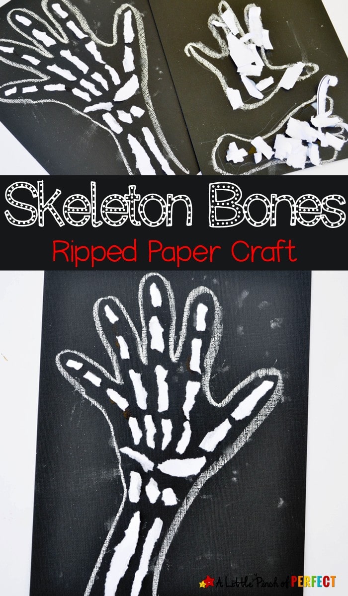 Skeleton Bones Ripped Paper Craft for Kids: No scissors are needed for this craft and it's perfect for a Human Anatomy lesson, X is for X ray craft, or spooky Halloween decoration