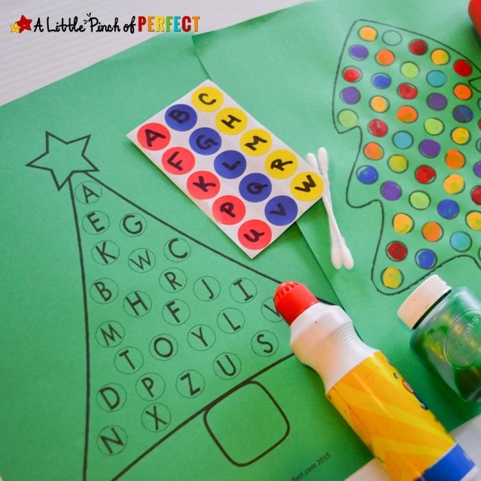 Christmas Tree Free Printable Activities for Kids: Christmas Tree Mini Activity Pack for kids to paint, dot, count, and learn letters this holiday season. (December, Kids Craft, Preschool, Kindergarten, Winter)