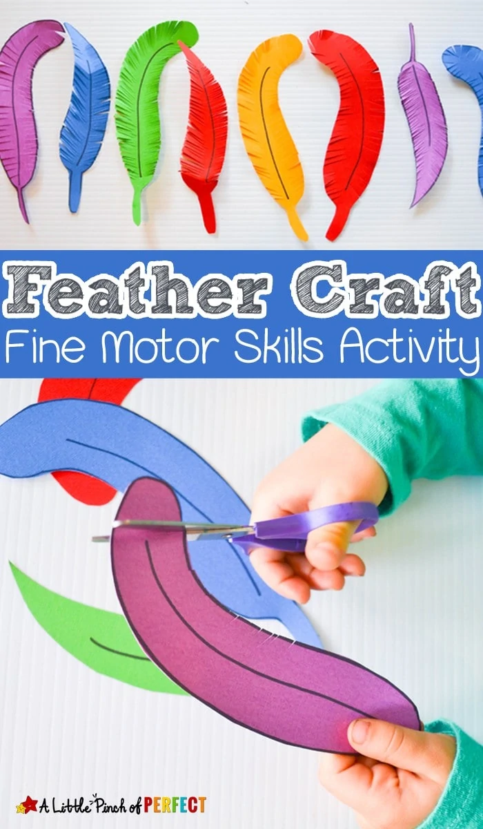 Paper Feather Craft: A fine motor skills and scissor practice activity for kids (preschool, kindergarten, Thanksgiving, birds, fall)