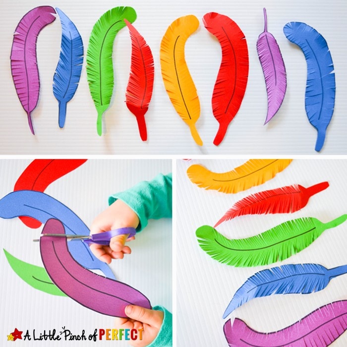 Paper Feather Craft: A fine motor skills and scissor practice activity for kids (preschool, kindergarten, Thanksgiving, birds, fall)
