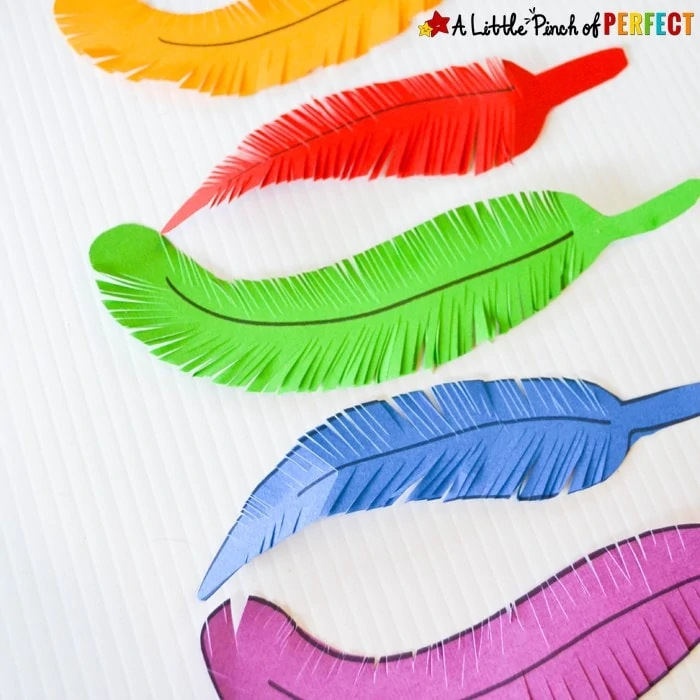 Paper Feather Craft: A fine motor skills and scissor practice activity for kids (preschool, kindergarten, Thanksgiving, birds, fall) 