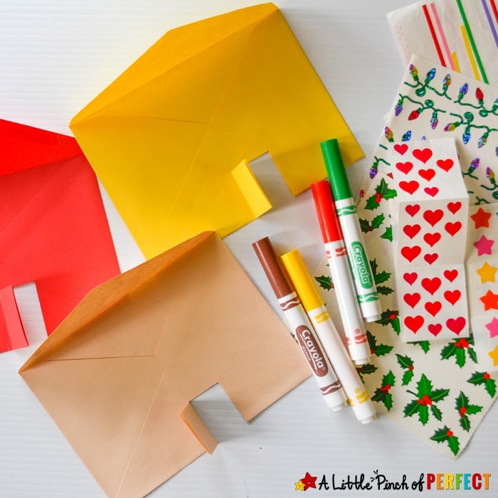 The Gingerbread Man Storytelling Craft and Free Printable: Kids can decorate an envelope to look like a gingerbread house and color, cut, and retell the story with the characters from the book. (December, Kids Activity, Book Extension, Christmas, Preschool, Kindergarten)