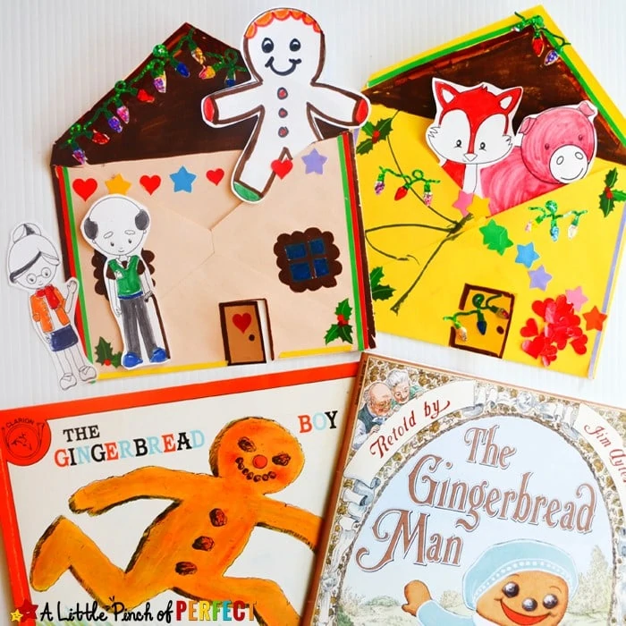 The Gingerbread Man Storytelling Craft and Free Printable: Kids can decorate an envelope to look like a gingerbread house and color, cut, and retell the story with the characters from the book. (December, Kids Activity, Book Extension, Christmas, Preschool, Kindergarten)