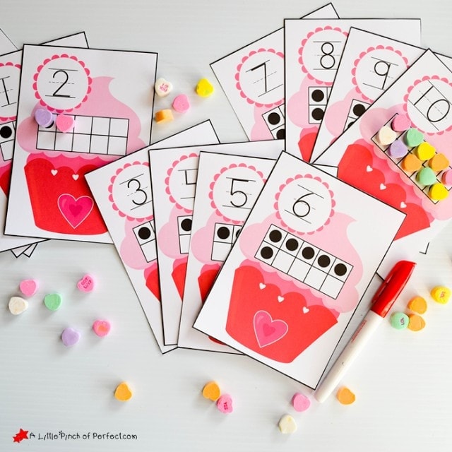 Free 10-Frames Valentine's Day Math Printables with hearts and cupcakes-perfect for learning numbers, counting, writing, subitizing