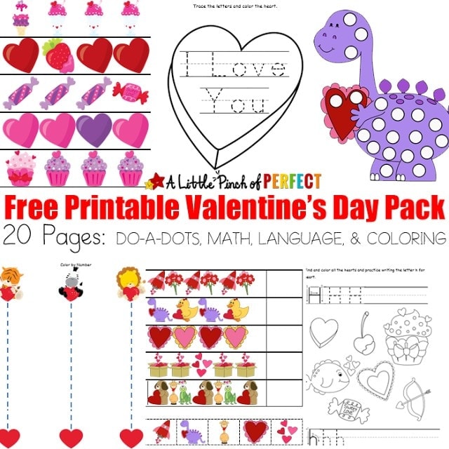 Free Valentine's Day Printable Activity Pack: DO-A-DOT PAGES, MATH, AND LANGUAGE (Preschool, Kindergarten, February, Learning)