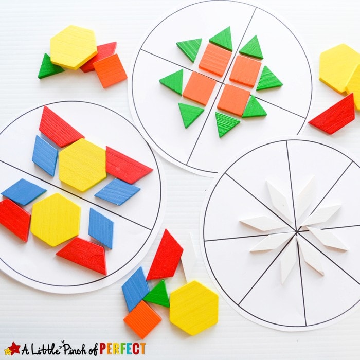 Symmetry Circles Math Activity and Free Printable: The printable included with this activity has a blank circle, 2 section circle, 4 section circle, and an 8 section circle that kids can use small manipulatives to build patterns 