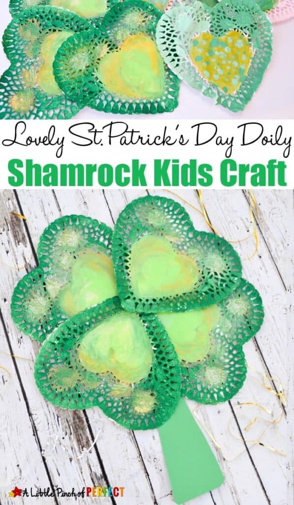 Lovely St. Patrick&rsquo;s Day Shamrock Craft for Kids: Easy to make four leaf clover craft with doilies or paper hearts
