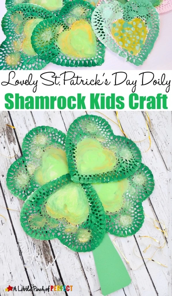 Lovely St. Patrick’s Day Shamrock Craft for Kids: Easy to make four leaf clover craft with doilies or paper hearts