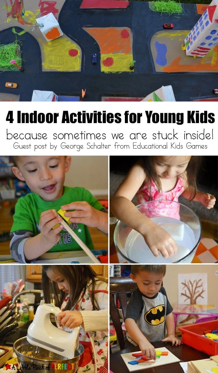 4 Indoor Activities for Young Kids: Things to do when kids are recovering from an illness, the outside is too hot/cold/rainy for outdoor play, or the day the kids want to stay inside instead of go out.