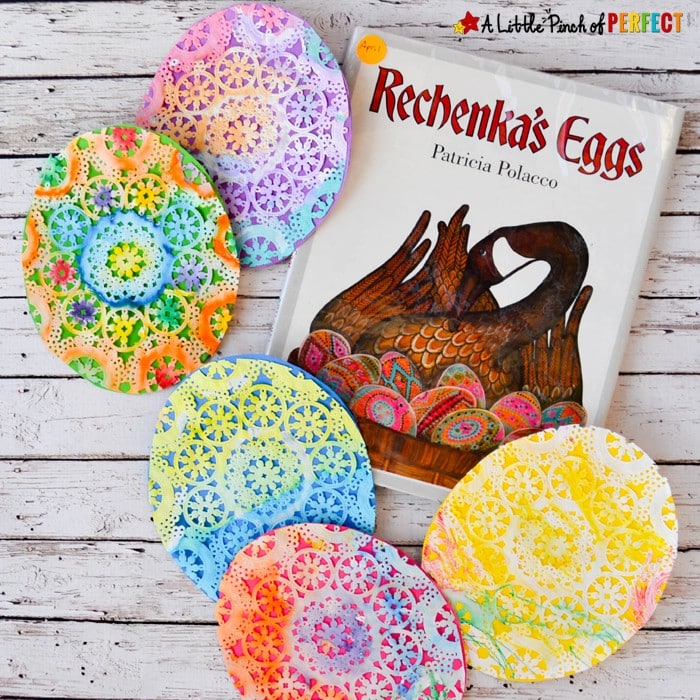 Beautiful Easter Egg Doily Craft for Kids Inspired by Rechenka's Eggs: An easy step-by-step tutorial showing how kids can make Easter Eggs that look intricately decorated like the ones straight out of Patricia Polacco’s book. 