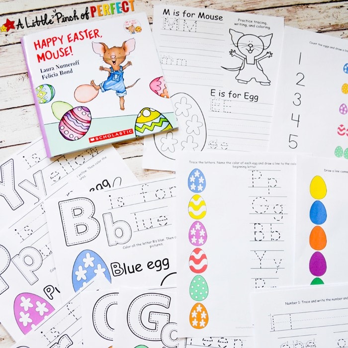 Happy Easter Mouse Free Printable Pack: Printable includes coloring pages, pre-writing, numbers, colors, and letters.