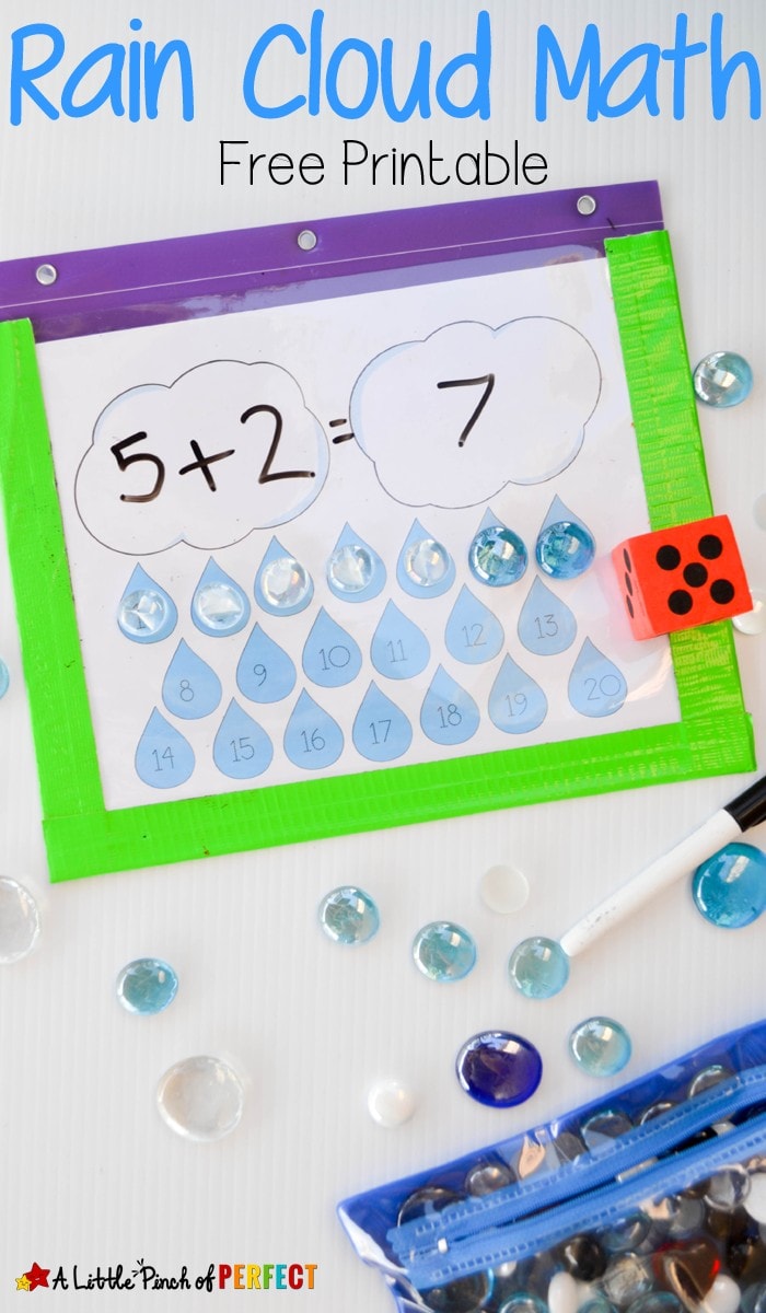 Rain Cloud Free Printable Math Mat: Create easy math activities for spring or weather units. Perfect for practicing counting, addition, subtraction, one to one correspondence and number recognition.