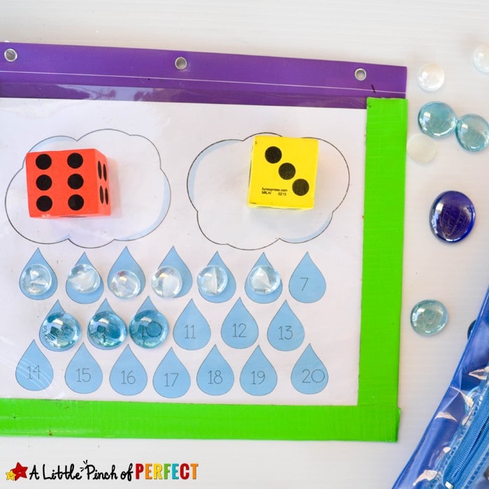 Rain Cloud Free Printable Math Mat: Create easy math activities for spring or weather units. Perfect for practicing counting, addition, subtraction, one to one correspondence and number recognition.
