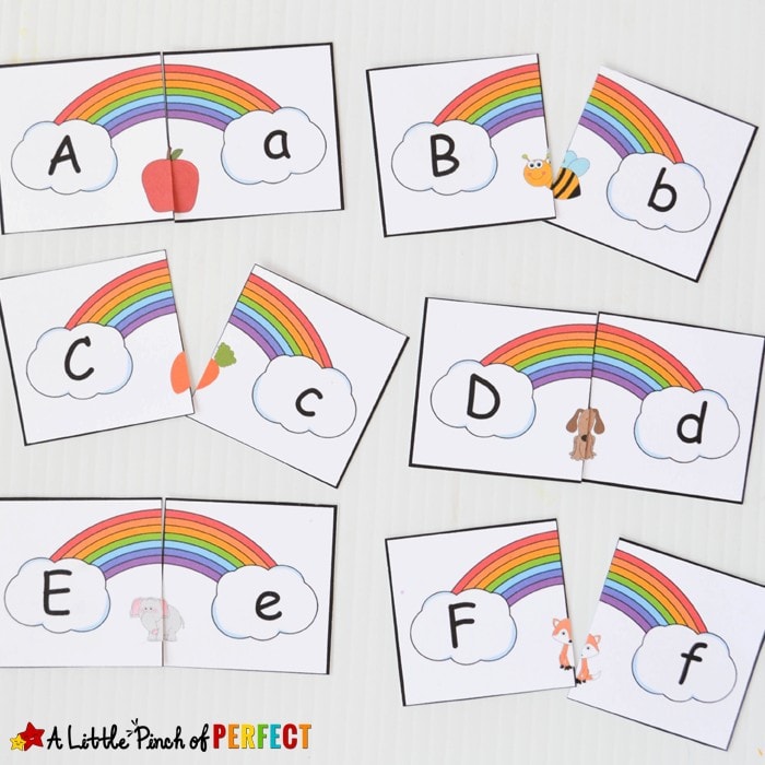 Rainbow Letter and Phonics Picture Match Free Printable: With an uppercase letter on the left, a lowercase letter on the right, and a matching phonics picture in the middle this free Rainbow Letter printable makes learning letters easy and fun. This activity is perfect for spring, St. Patrick's Day, or included within a weather unit.