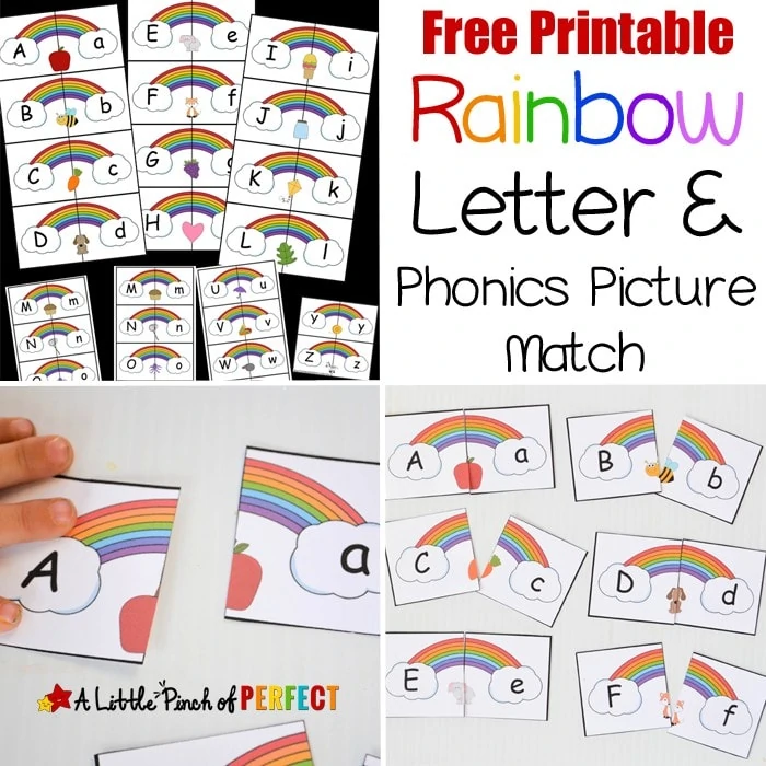 Rainbow Letter and Phonics Picture Match Free Printable: With an uppercase letter on the left, a lowercase letter on the right, and a matching phonics picture in the middle this free Rainbow Letter printable makes learning letters easy and fun. This activity is perfect for spring, St. Patrick's Day, or included within a weather unit.