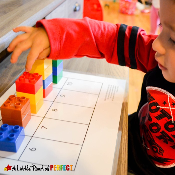 10 Frames Math with Legos Activities for Preschoolers: 4 easy activities to do with preschoolers to learn numbers, counting, and subitizing including a free printable 10 frames mat.