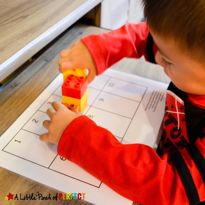10 Frames Math with Legos Activities for Preschoolers: 4 easy activities to do with preschoolers to learn numbers, counting, and subitizing including a free printable 10 frames mat.