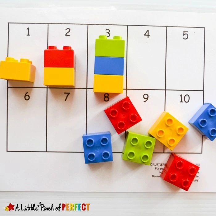 10 Frames Math with Legos Activities for Preschoolers: 4 easy activities to do with preschoolers to learn numbers, counting, and subitizing including a free printable 10 frames mat. 