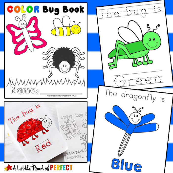 Color the Bug Free Printable Emergent Reader Book: Kids can color butterflies, bees, spiders… while learning to read colors and sight words. Comes in three versions (reading, pre-writing, coloring page, spring, preschool)