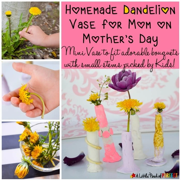 Homemade Dandelion Vase for Mom on Mother's Day: All moms and grandmas need a dandelion vase (mini vase) to keep all those adorable bouquets with small stems picked by kids (mother's day, valentine's day, clay, flowers, kids craft)