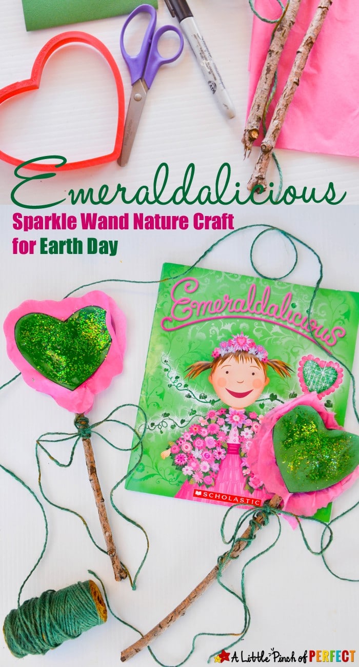 Emeraldalicious Sparkle Wand Nature Craft for Earth Day so kids have magic powers like Pinkalicious to turn recycle garbage into something new (Kids craft, Heart, Victoria Kann)